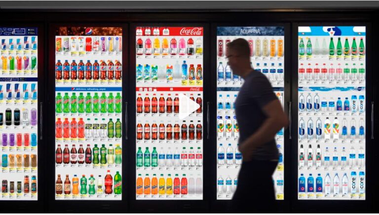 Image of a person walking by doors replaced with digital screens